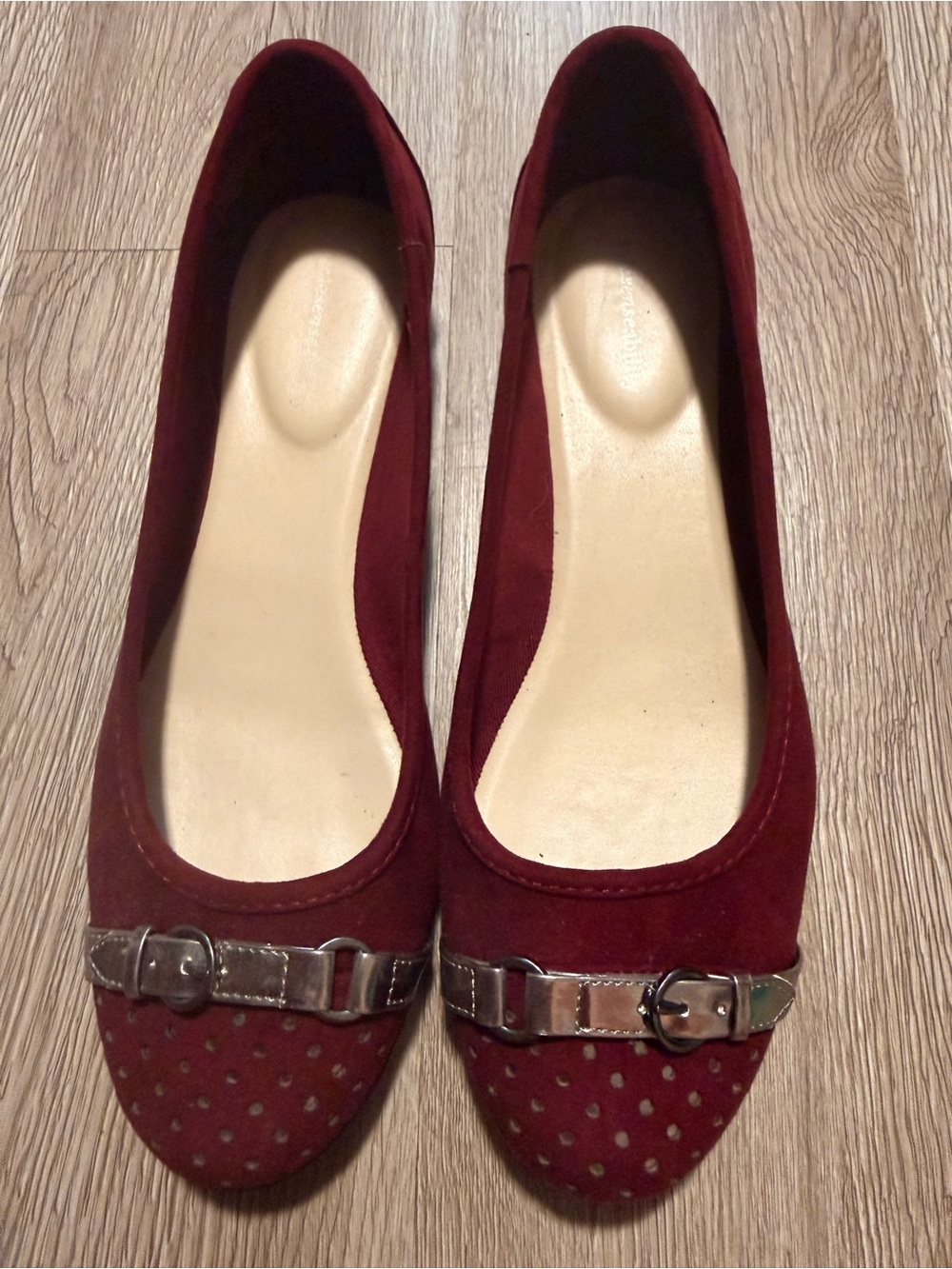 Women’s Burgundy Suede Ballet Flats with Metallic Accent